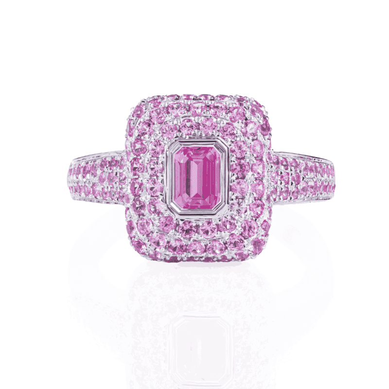 18K White Gold Pink Sapphire Emerald Ring