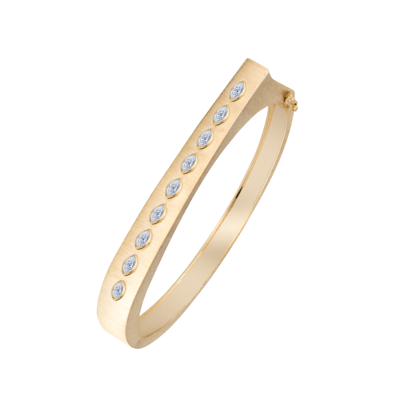 18K Yellow Gold Diamond Brushed Bangle Bracelet