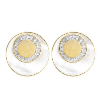 18K Yellow Gold Mother of Pearl & Stone Brushed Earring