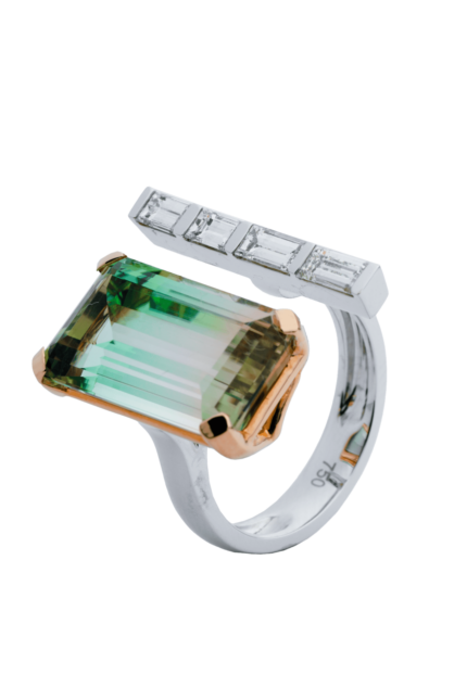 18K White Gold Diamond Tourmaline Bicolor Octagon Gemstone Ring