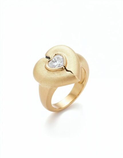 18K Yellow Gold Heart Diamond Brushed Ring