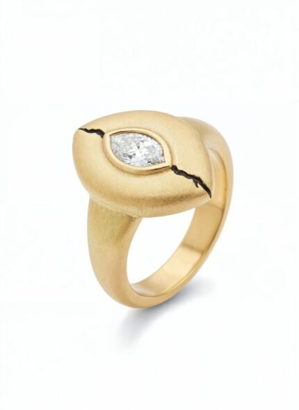 18K Yellow Gold Marquise Diamond Brushed Ring