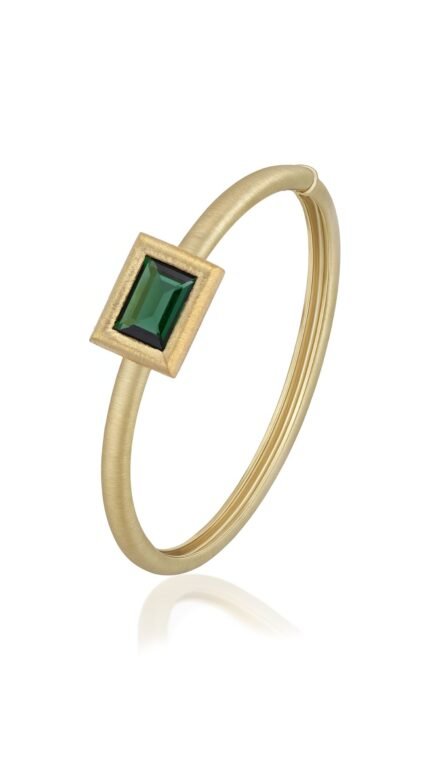 18K Yellow Gold Emerald Baguette Brushed Bangle