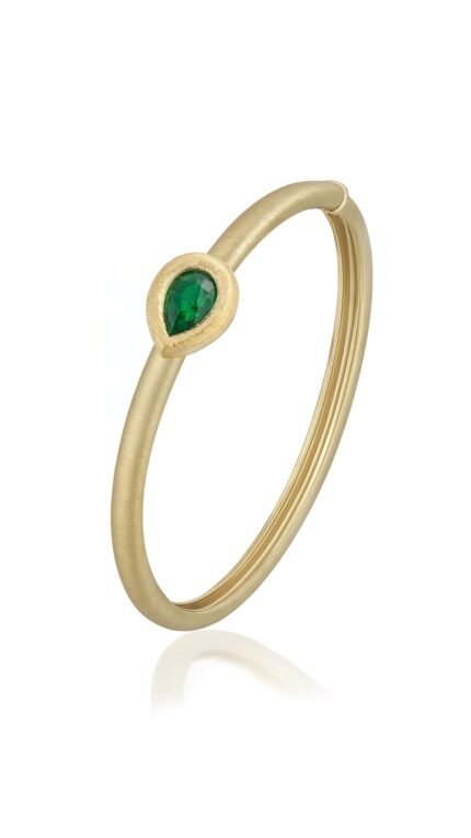 18K Yellow Gold Emerald Baguette Brushed Bangle