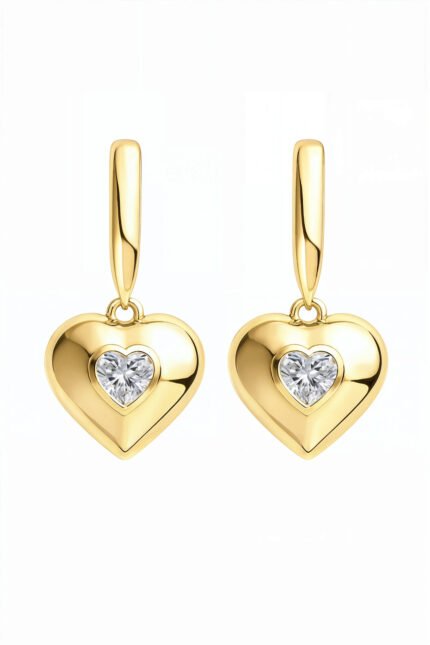 18K yellow gold earring with heart-shaped drop design and diamond centre