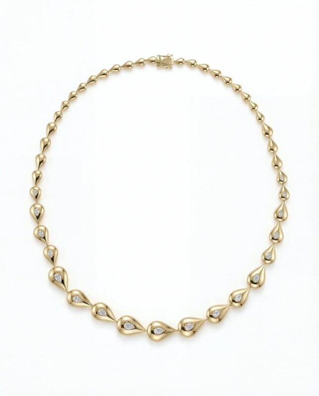 18K yellow gold diamond necklace with teardrop-shaped design