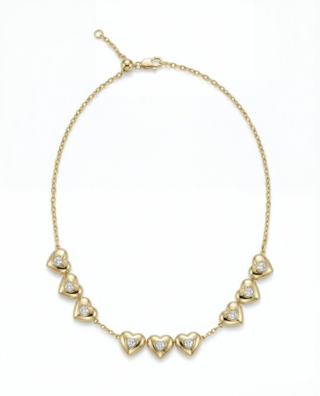 18K yellow gold diamond necklace with heart-shaped design