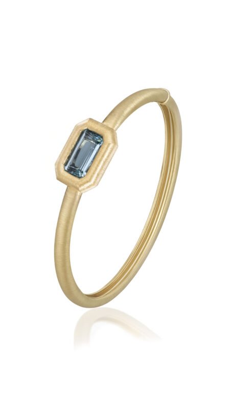 18K Yellow Gold Brushed Finish Blue Aquamarine Emerald-Cut Bangle