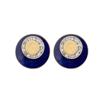 18K Yellow Gold Lapis Lazuli and Baguette Diamond Halo Sand Earring