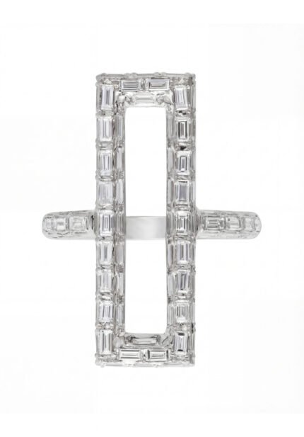 18K White Gold Baguette Diamond Open Rectangle Ring