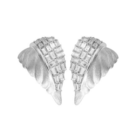 18K White Gold Baguette Diamond Florentine Leaf Earrings