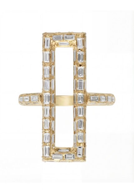 18K Yellow Gold Baguette Diamond Open Rectangle Ring