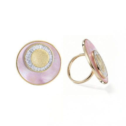 18K Yellow Gold Pink Mother of Pearl and Baguette Diamond Halo Sand Ring