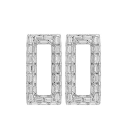 18K White Gold Baguette Diamond Open Rectangle Earrings