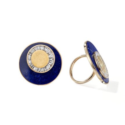 18K Yellow Gold Lapis Lazuli and Baguette Diamond Halo Sand Ring