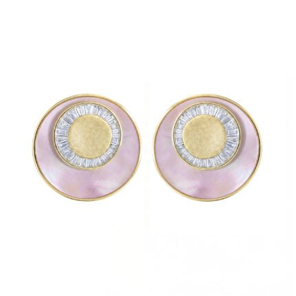 18K Yellow Gold Pink Mother of Pearl and Baguette Diamond Halo Sand Earring
