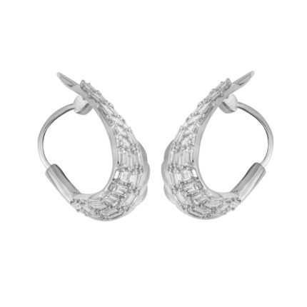 18K White Gold Baguette Diamond Florentine Hoop Earrings