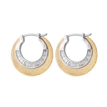 18K Yellow Gold Baguette Diamond Sand Finish Hoop Earrings